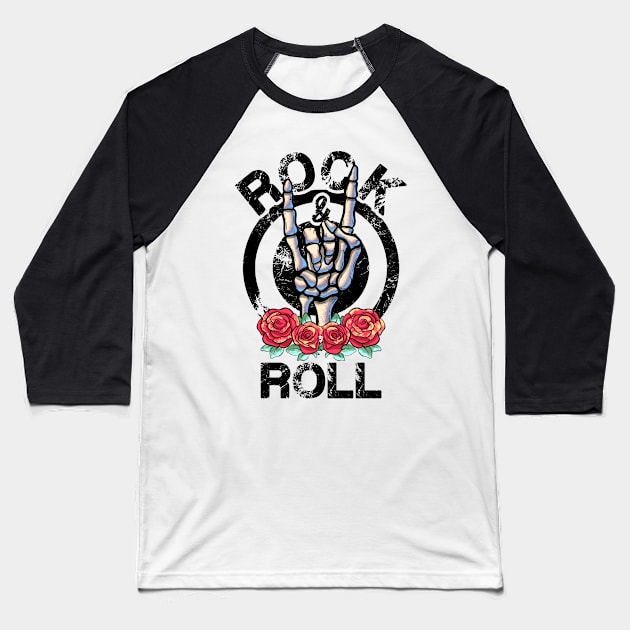 Lets Rock Rock&Roll Vintage Retro Skeleton Hand Rock Concert Baseball T-Shirt by MerchBeastStudio